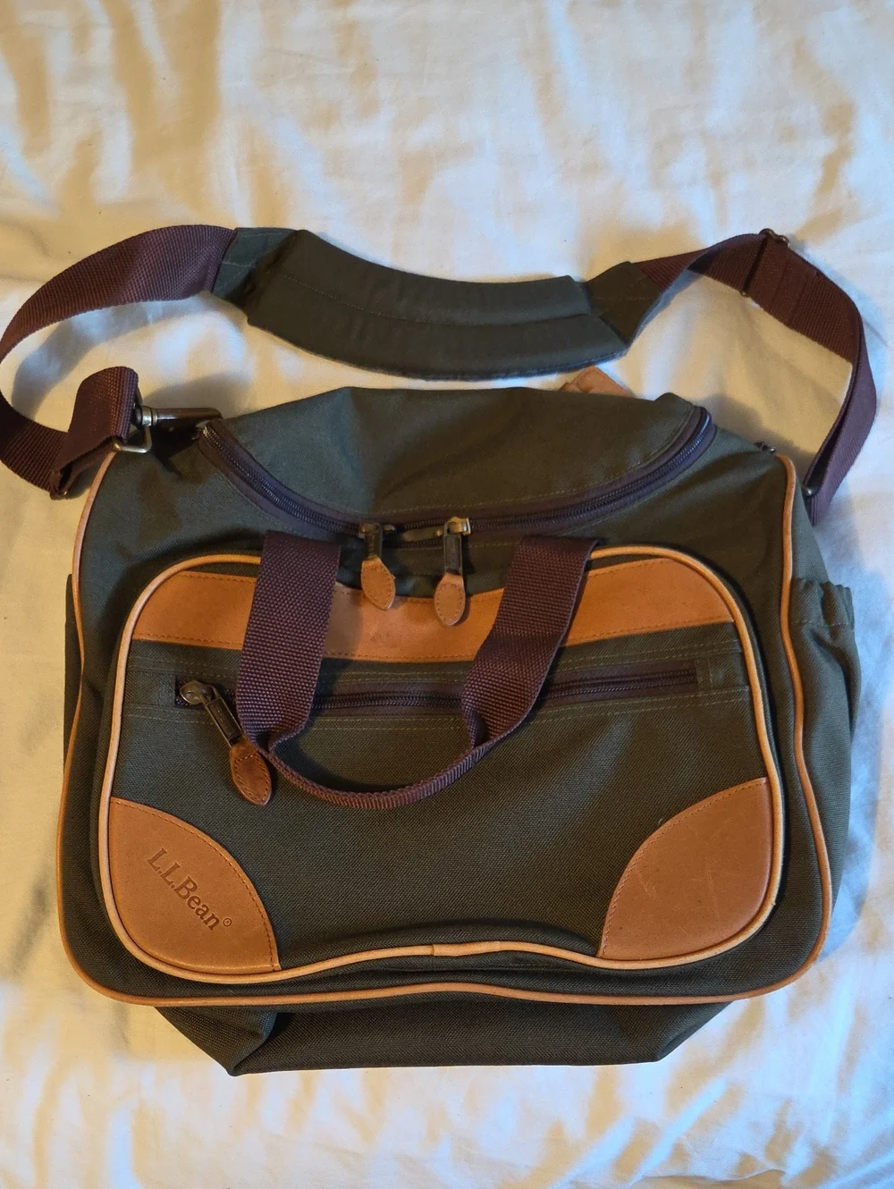 L.L. Bean Olive Green Canvas Laptop Messenger with Brown Leather Accents